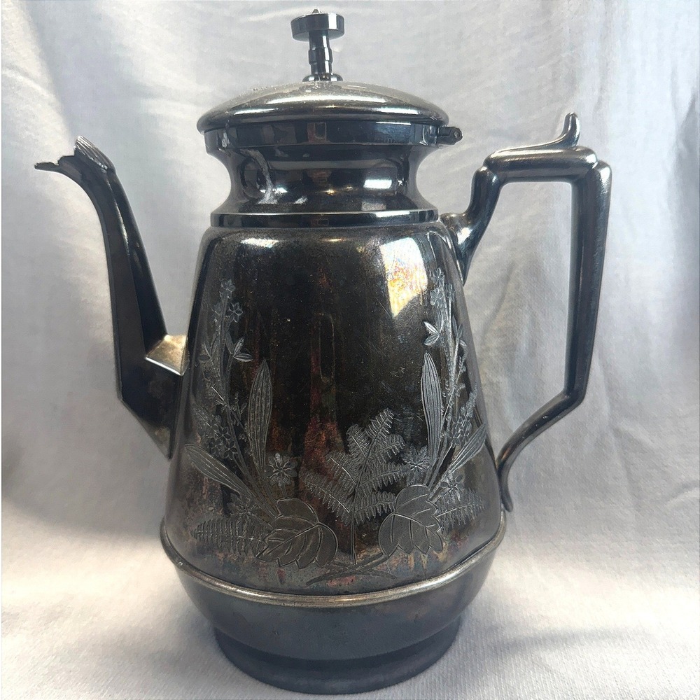 Meriden Britannia Co Coffee Pot Silver 1800s Victorian Etched Fern Quad Plate